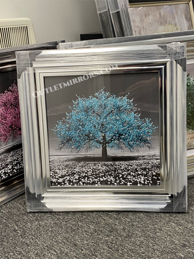 "Glitter Sparkle Blossom Tree Blush Aqua Blue" in a Chrome Stepped Frame 55cm x 55cm