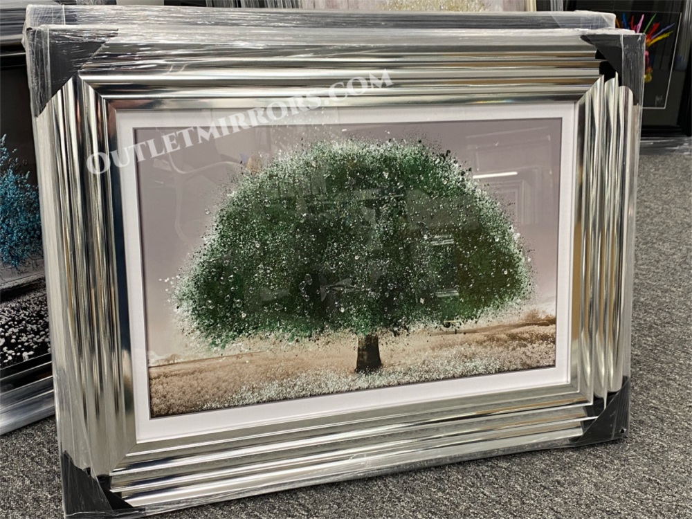 "Glitter Sparkle Blossom Tree Emerald Green" in a Metallic Stepped Frame 75cm x 55cm