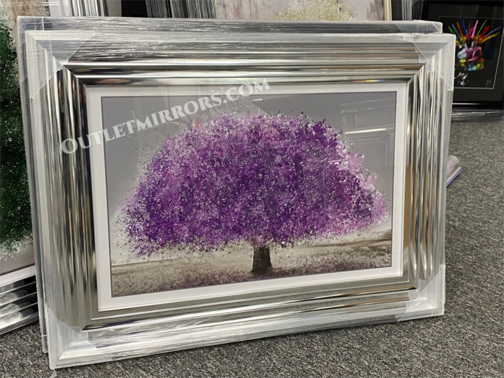 "Glitter Sparkle Blossom Tree Blush Violet" in a Chrome Stepped Frame 75cm x 55cm