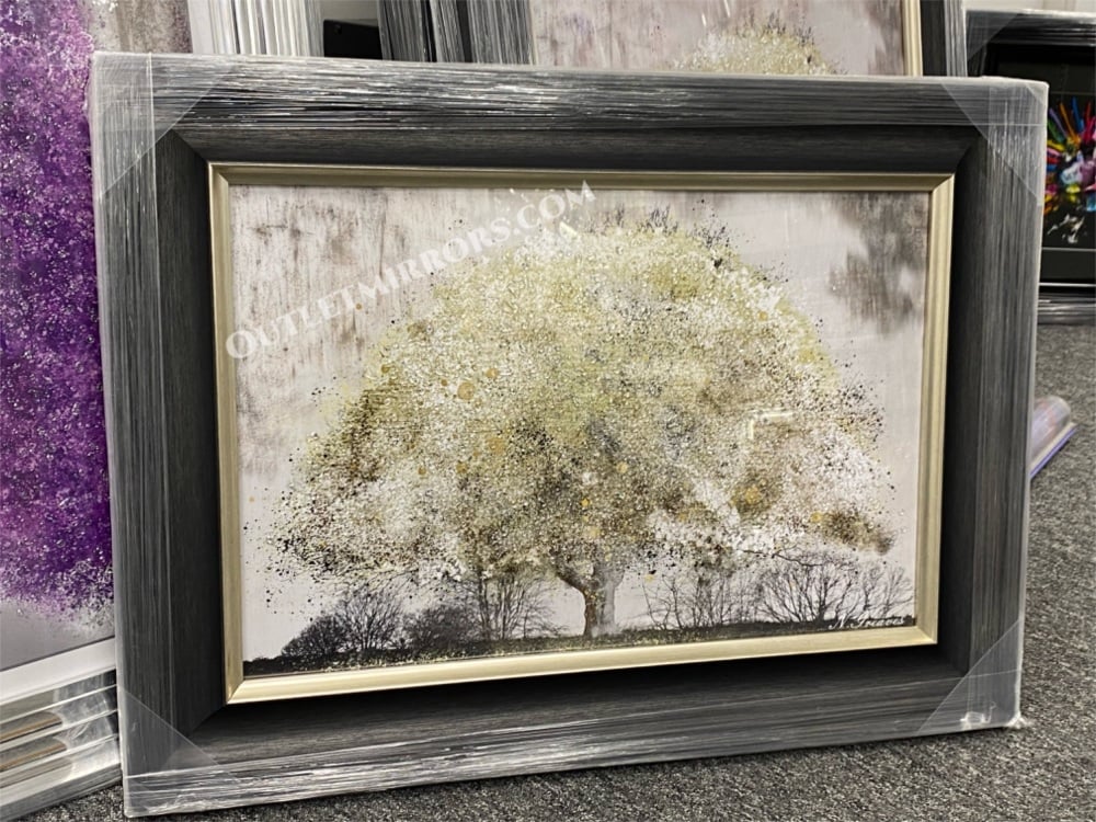"Glitter Sparkle Blossom Tree Blush Gold" in a charcoal & Gold Frame 75cm x 55cm