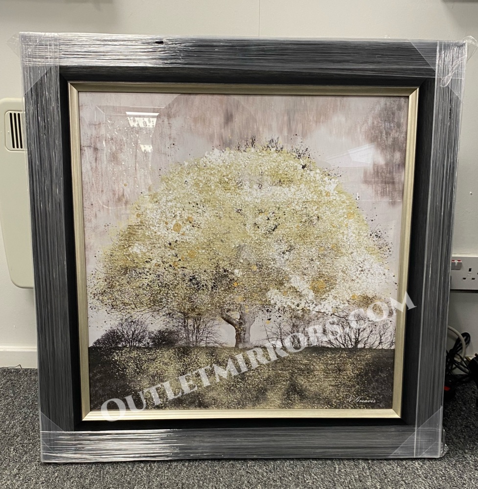 "Glitter Sparkle Blossom Tree Blush Gold" in a charcoal & Gold Frame 75cm x 75cm