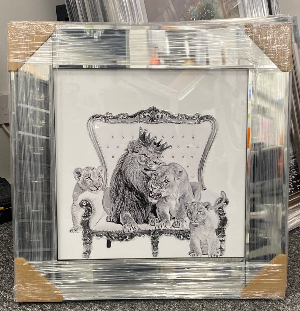 # Lion King & Lion Queen with 2 Cubs ( White) in a Mirrored frame 55cm x 55