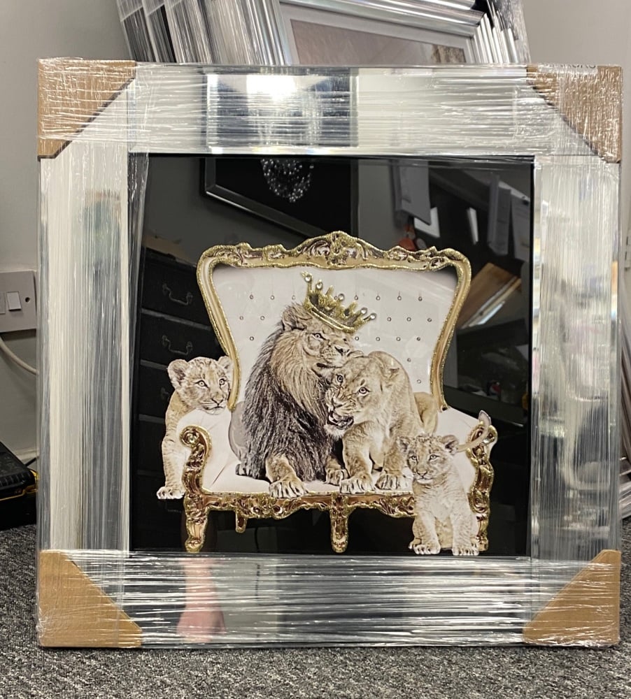 # Lion King & Lion Queen with 2 Cubs ( black) in a Mirrored frame 55cm x 55cm