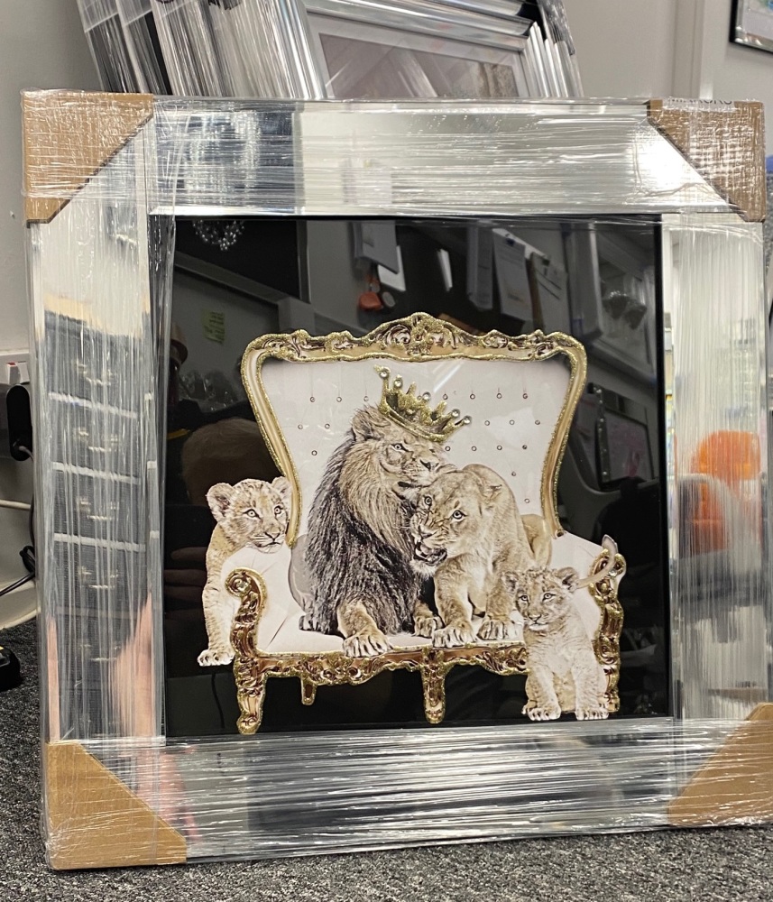 # Lion King & Lion Queen with 2 Cubs ( black) in a Mirrored frame 55cm x 55cm