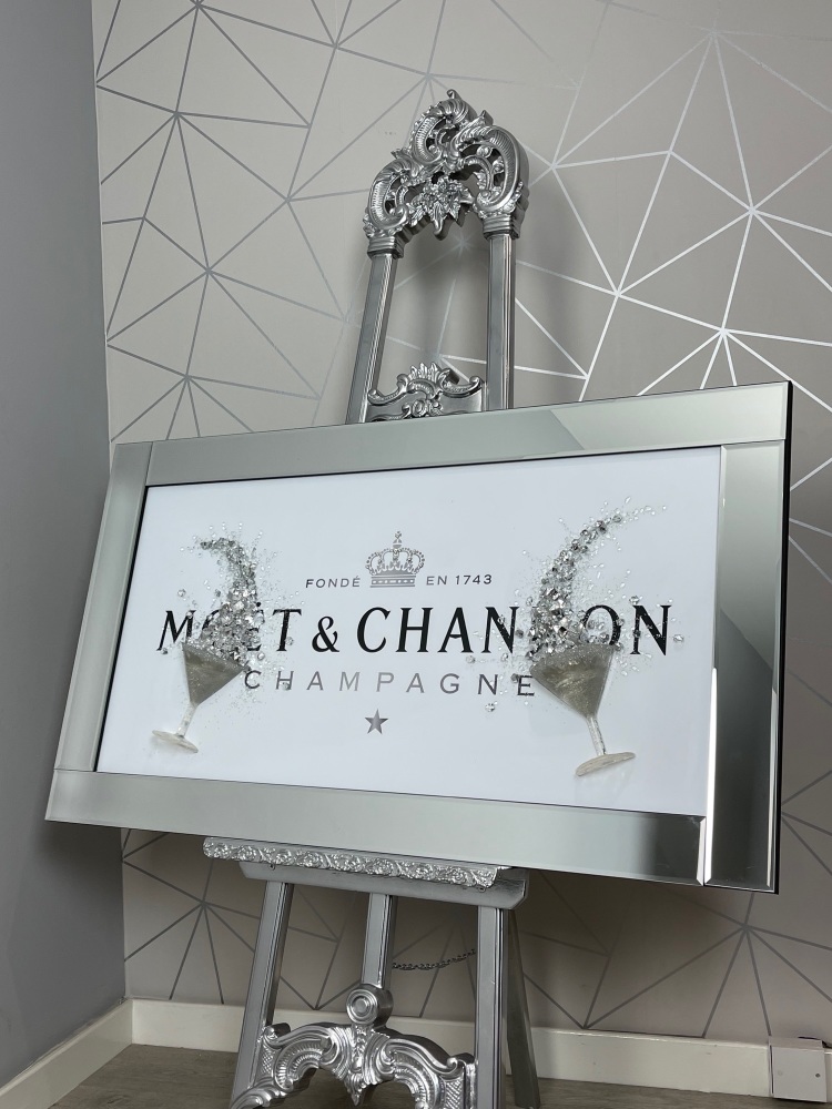 ** Moet Champagne White and Silver Glitter 3d Champagne Glasses Art in a Mirrored Frame ** 114cm x 65cm 