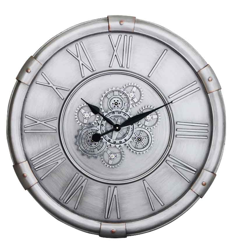 Round Roman Numerals Pewter Silver Style Skeleton Cog Wall Clock 80cm 