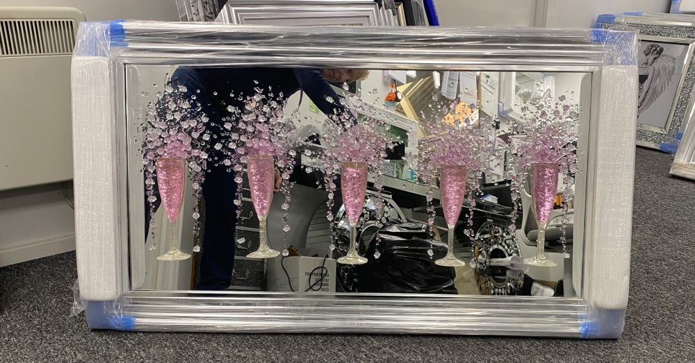 3D Champagne flutes Pink wall art on a Mirror background in a chrome frame 