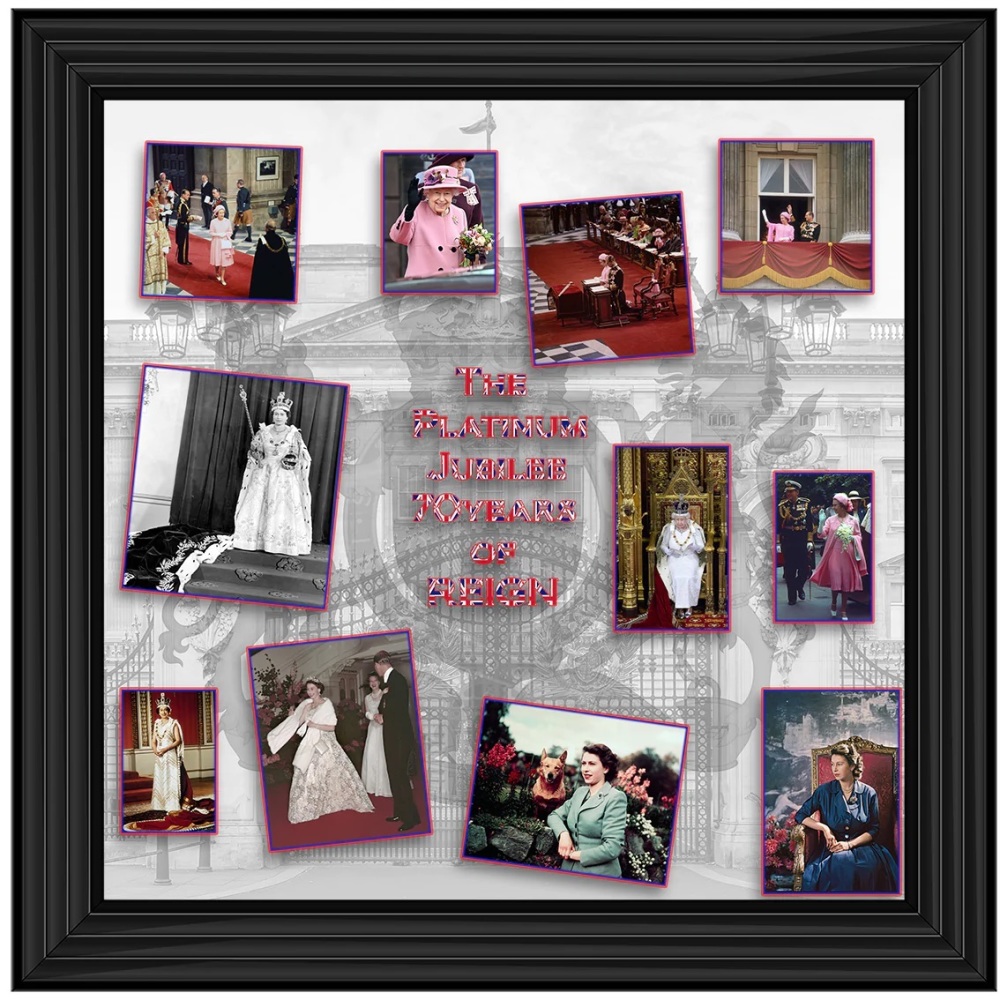 The Queens 70 years of Reign  55cm x 55cm  various frame colours available