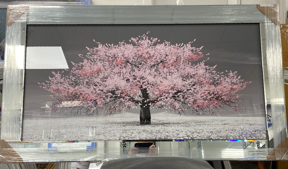 Glitter Sparkle Blossom Tree Blush Pink in a mirror frame 114cm x 64cm