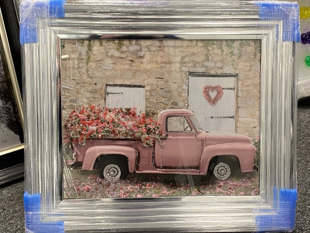 Pink Floral Flower Truck in a chrome stepped frame 55cm x 67cm