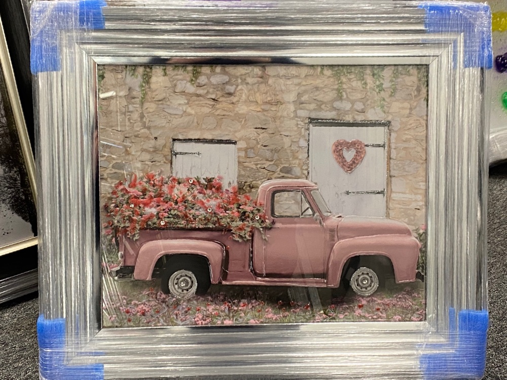Pink Floral Flower Truck (a) in a chrome stepped frame 55cm x 67cm
