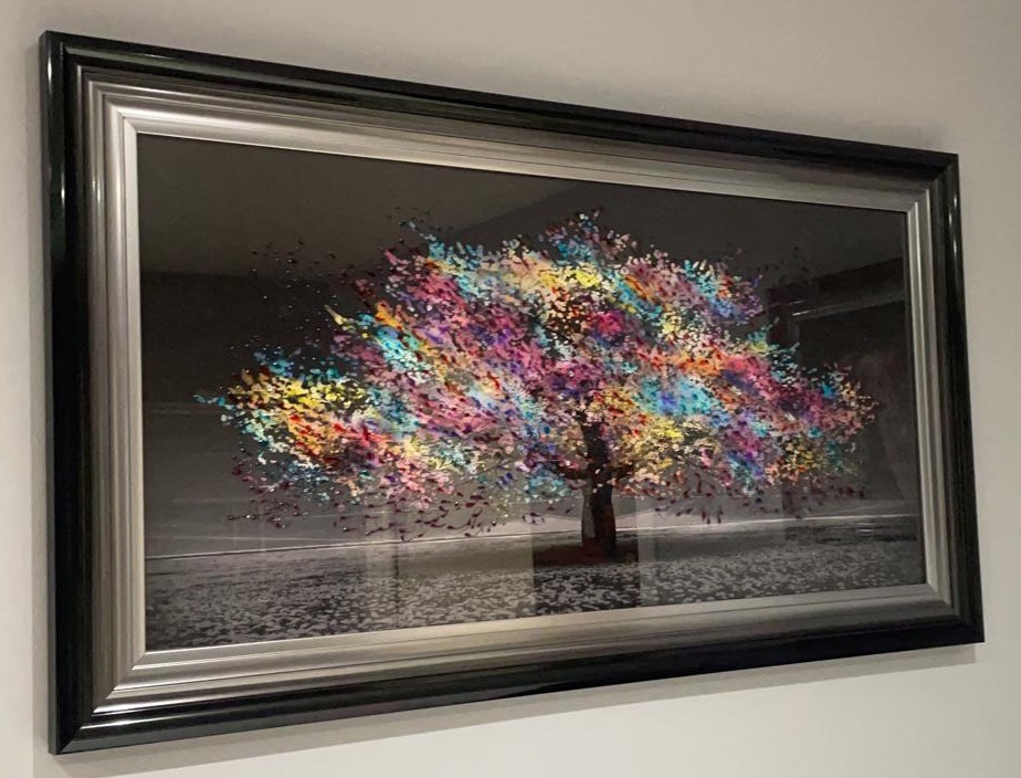 Glitter Sparkle Blossom Tree Multi colour in a 2 tone black & silver frame  114cm x 64cm