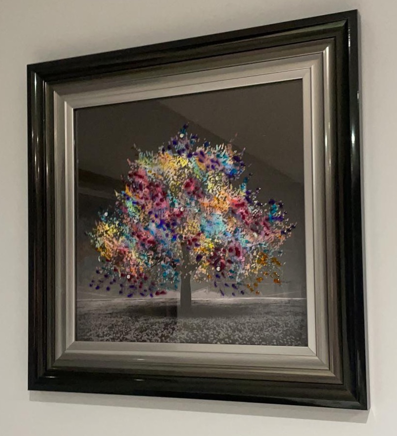 Glitter Sparkle Blossom Tree Multi colour in a 2 tone black & silver frame  55cm x 55cm
