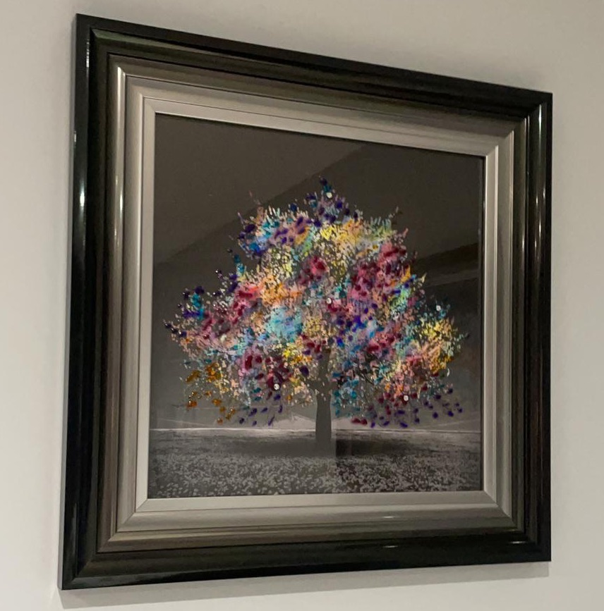 Glitter Sparkle Blossom Tree Multi colour in a 2 tone black & silver frame  75cm x 75cm