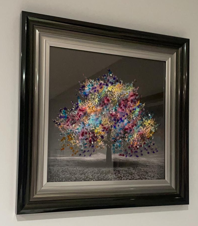 Glitter Sparkle Blossom Tree Multi colour in a 2 tone black & silver frame  85cm x 85cm