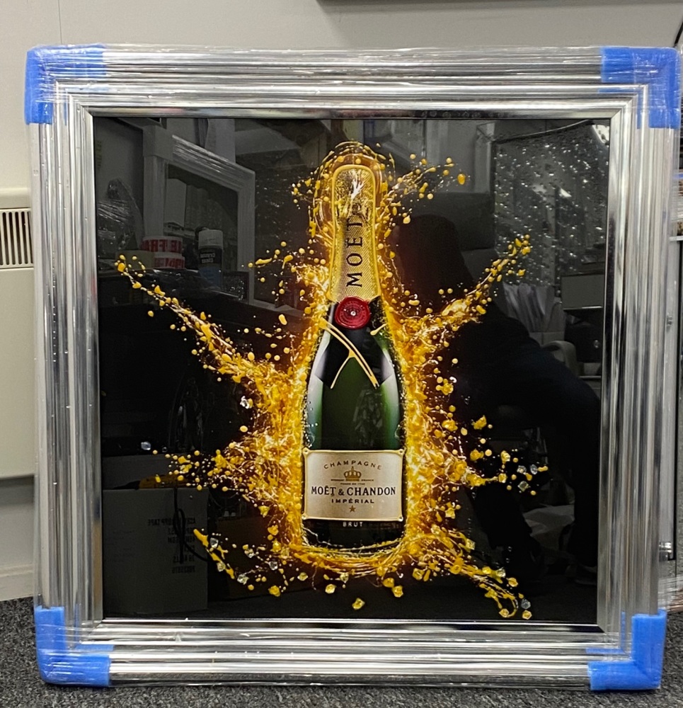 ** Moet Champagne Glitter Art in chrome step frame or Mirrored Frame ** 85cm  x 85cm