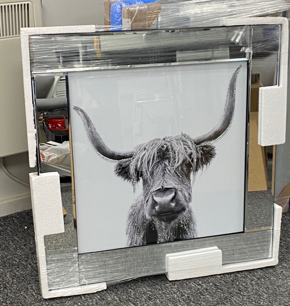 Mirror framed art print "Highland Cow Silver finish" 60cm x 60cm