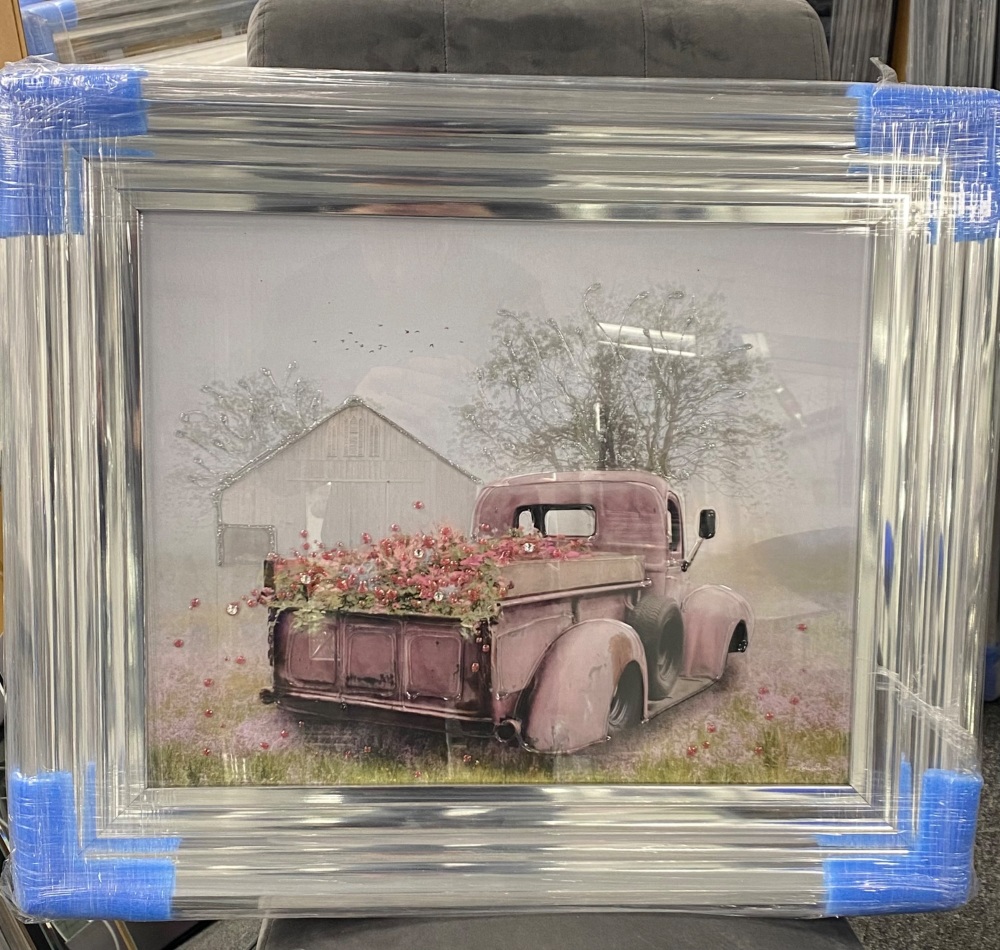 Pink Floral Flower Truck (b) in a chrome stepped frame 55cm x 67cm