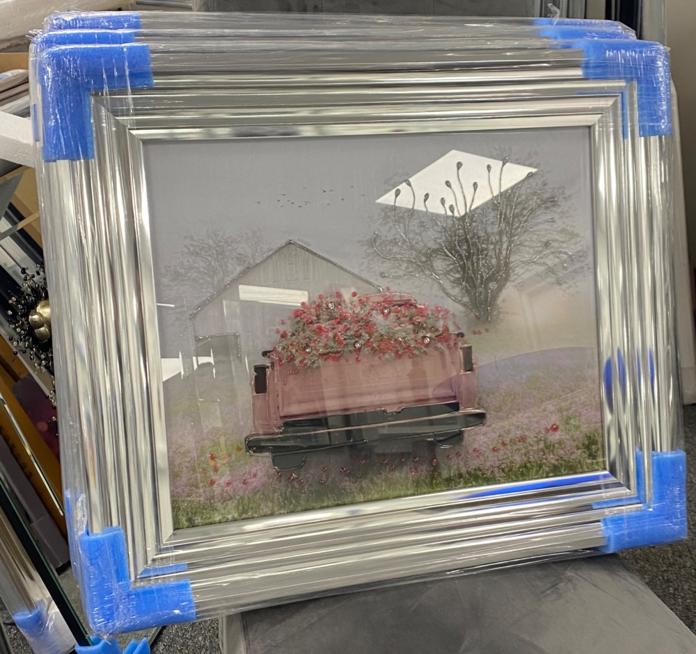 Pink Floral Flower Truck (c) in a chrome stepped frame 55cm x 67cm