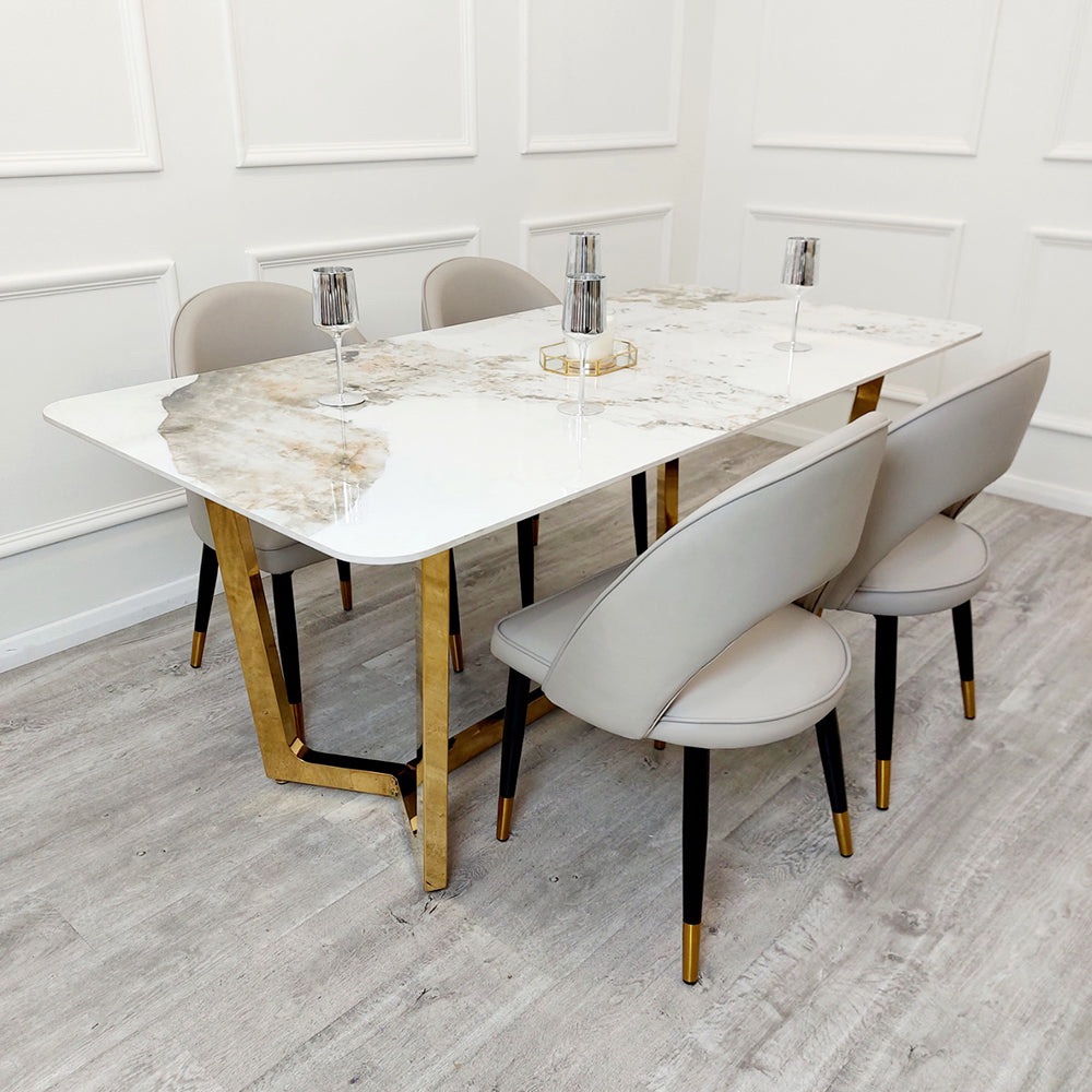 Gold 1.8 Dining Table with Pandora Gold Sintered Stone Top with 4 chairs in Beige