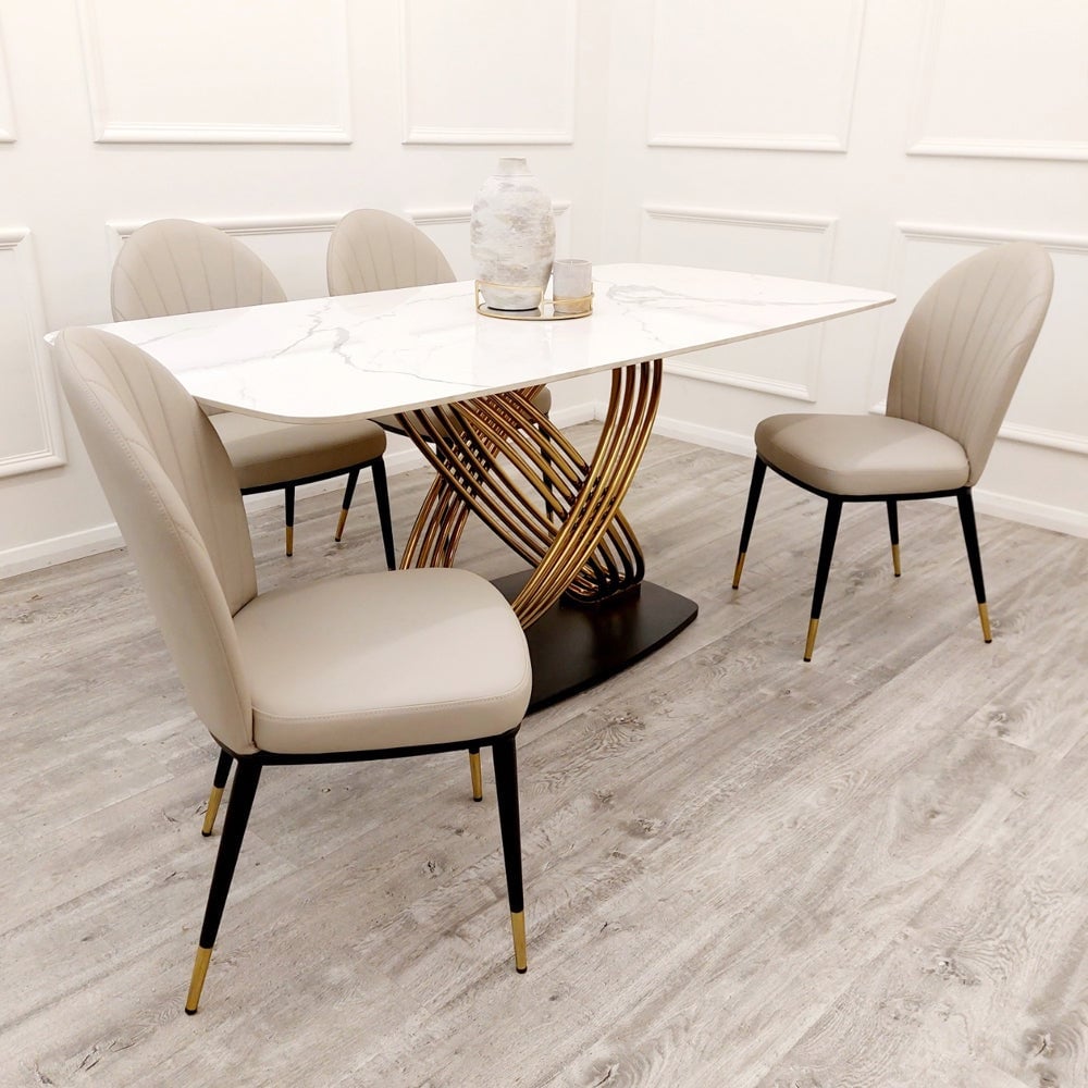 Gold 1.8 Dining Table with Polar White Sintered Stone Top with 4 Beige Shell Chairs