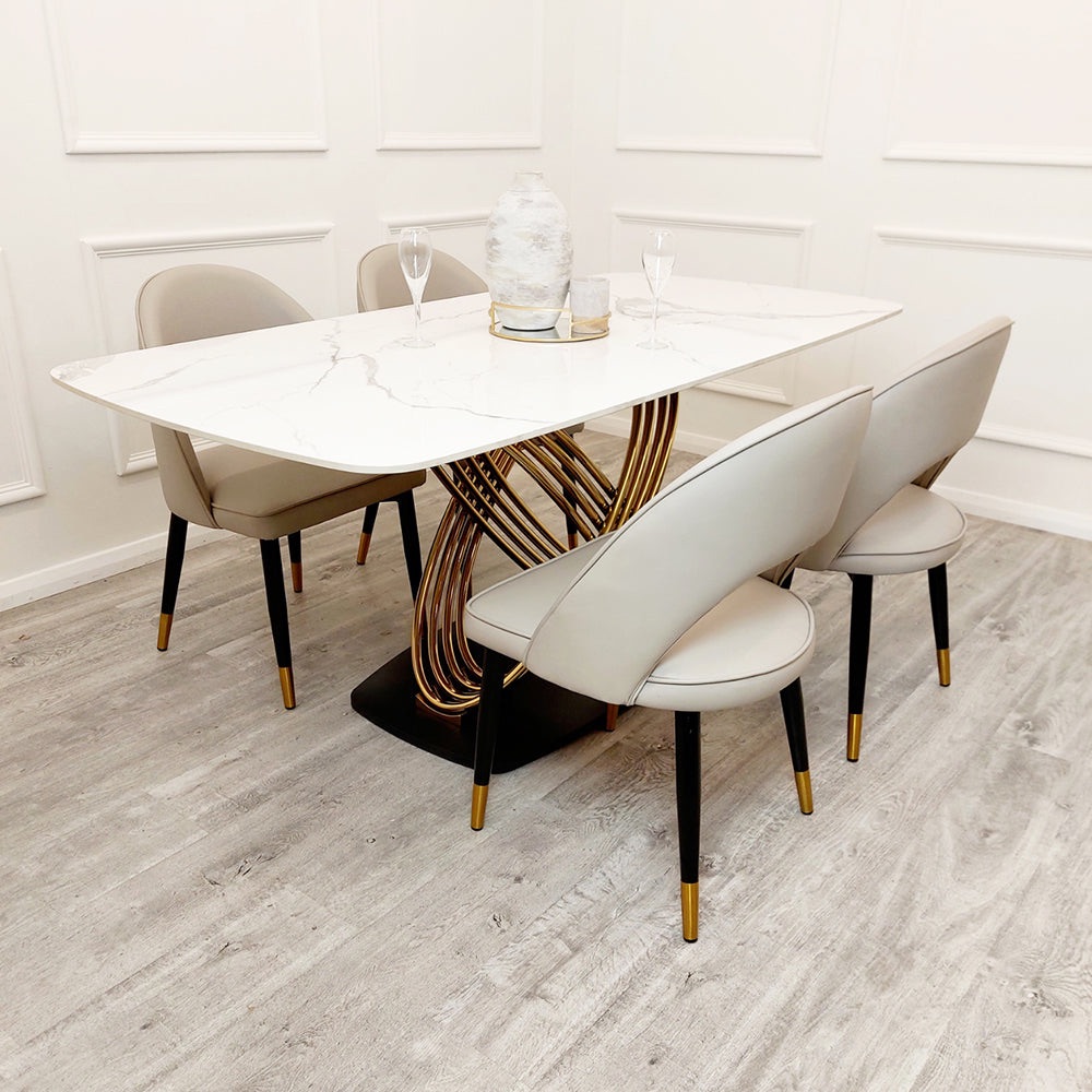 Orion Gold 1.8 Dining Table with Polar White Sintered Stone Top with 4 Beig