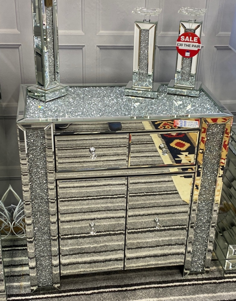 *Diamond Crush Sparkle Crystal Mirrored 2 draw 2 Door Sideboard with crystal handles in stock