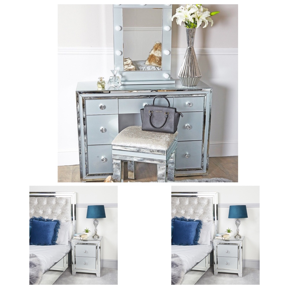 Atlanta Package Deal Mirrored Grey 7 Draw Dressing Table & Stool & 2 Bedside chests - pre order special offer price Feb arrival