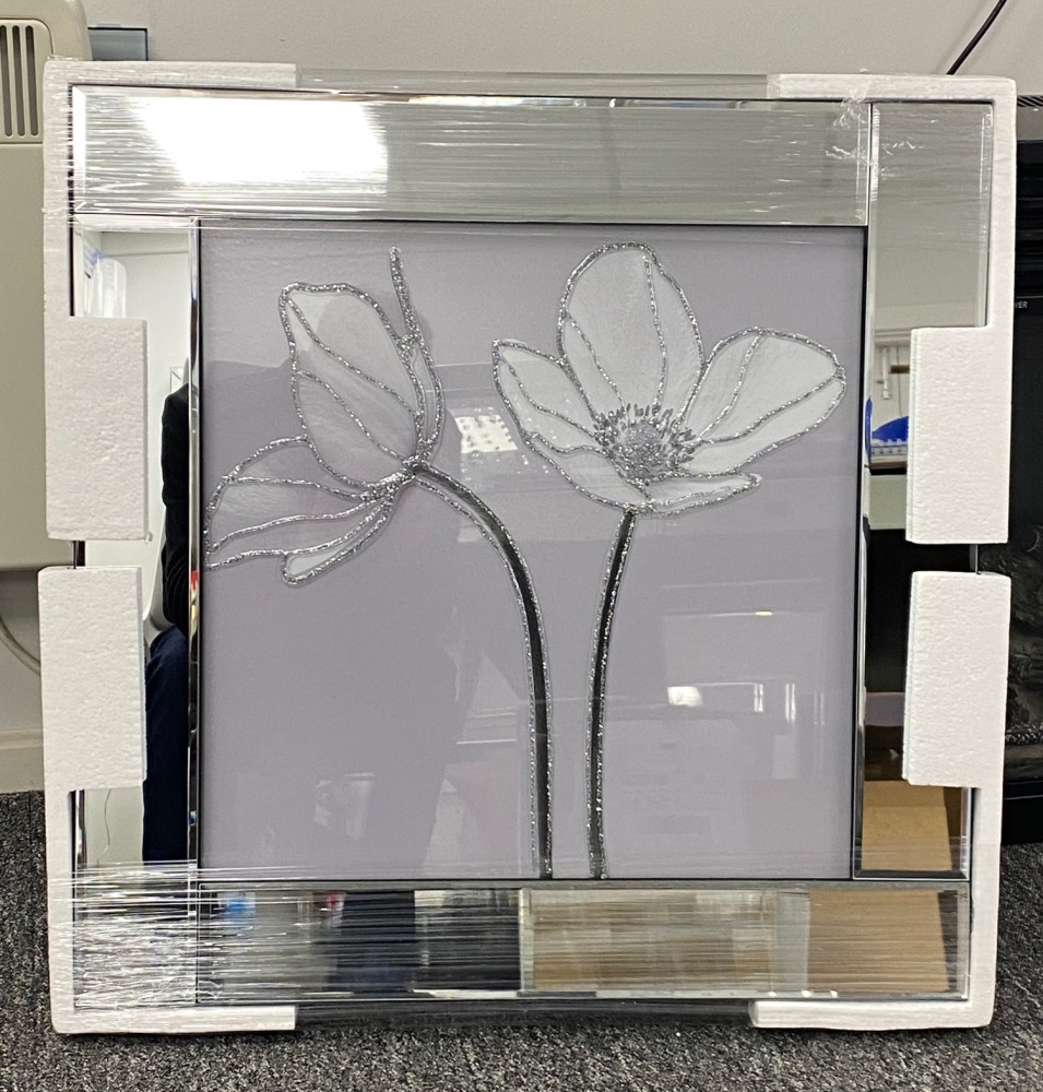 Mirror framed art print "White Primrose in Silver Glitter" 60cm x 60cm