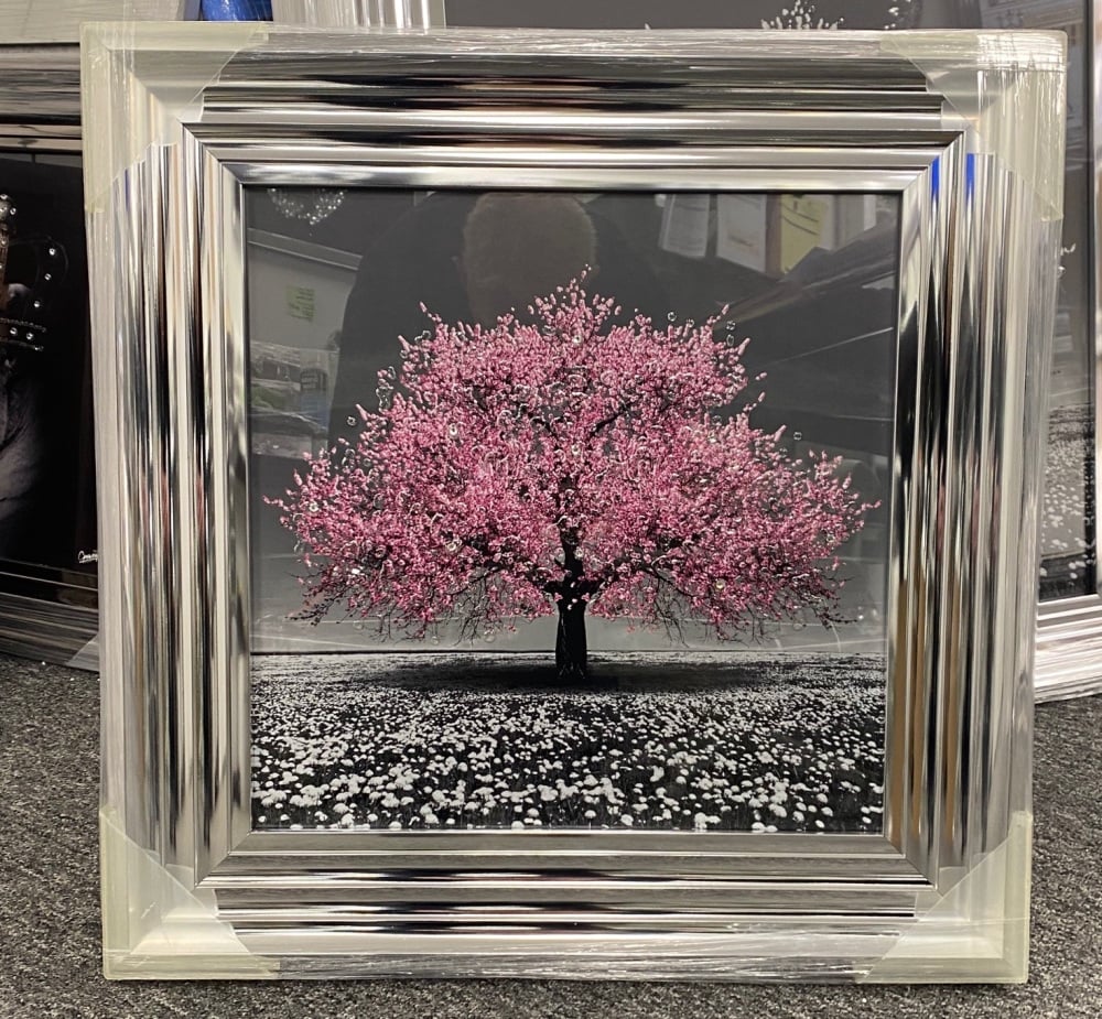 "Glitter Sparkle Blossom Tree Blush Pink" in a Metallic Stepped Frame 55cm x 55cm