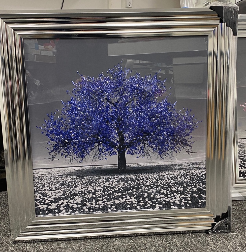 "Glitter Sparkle Blossom Tree Violet Purple " in a silver Stepped Frame 75cm x 75cm