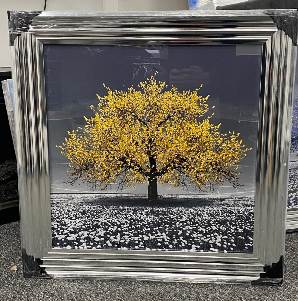 "Glitter Sparkle Blossom Tree  Yellow " in a silver Stepped Frame 75cm x 75cm