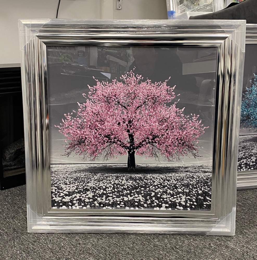 "Glitter Sparkle Blossom Tree Blush Pink" in a silver Stepped Frame 75cm x  75cm