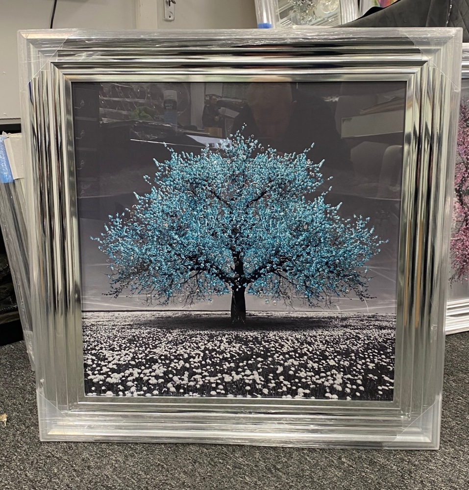 "Glitter Sparkle Blossom Tree Blush Teale" in a silver Stepped Frame 75cm x  75cm