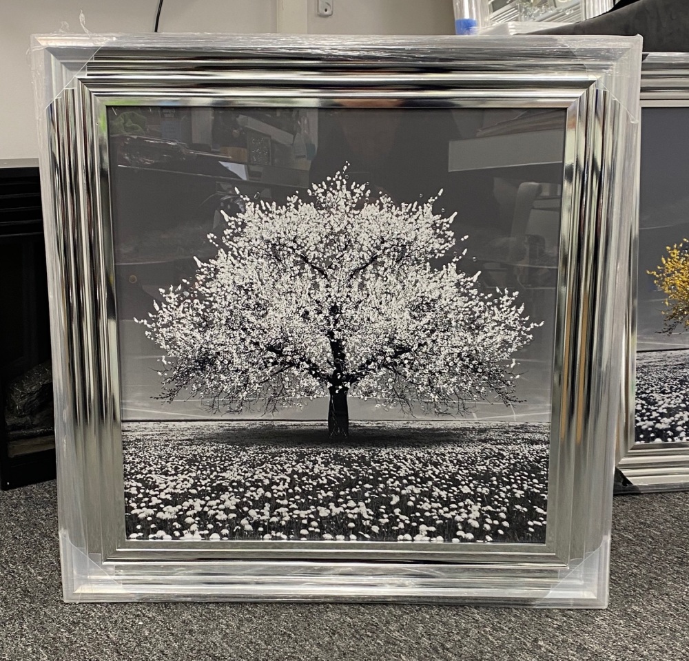 "Glitter Sparkle Blossom Tree White" in a silver Stepped Frame 75cm x  75cm