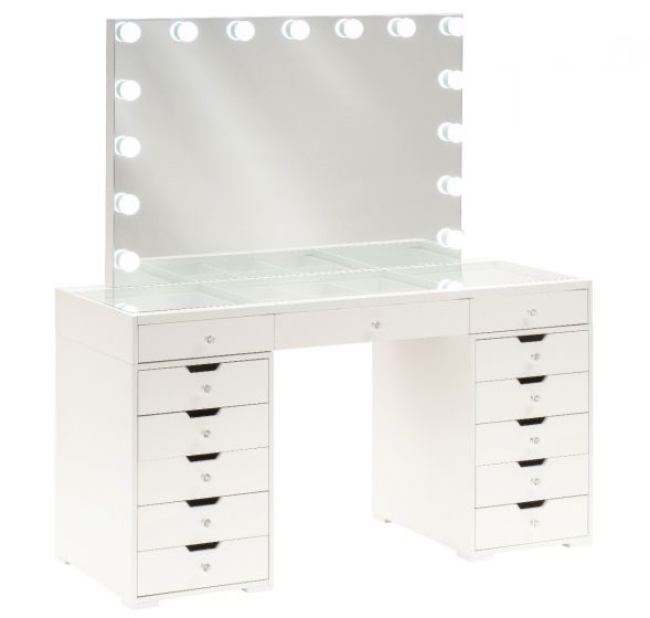 * White  13 Draw Dressing Table with a clear glass top &  Hollywood Mirror with free bulbs