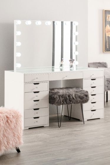 * White  13 Draw Dressing Table with a clear glass top &  Hollywood Mirror with free bulbs