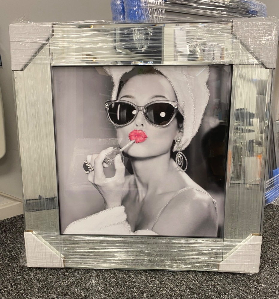 "Audrey Hepburn Glamour Lady" Wall Art in a mirror frame in stock for a quick delivery