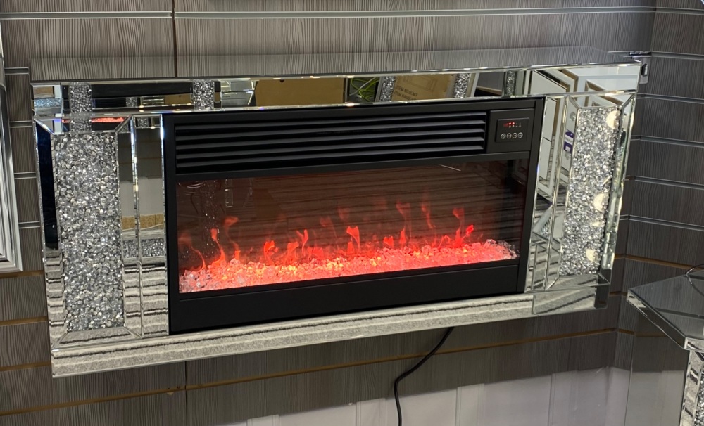# Diamond Crush Sparkle Wall Mounted Mirrored Fire Surround with Multi colour  Flame with Heater - In stock