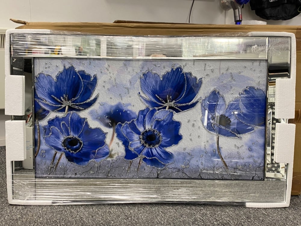Mirror framed art print " Blue Poppies" 100cm x 60cm 