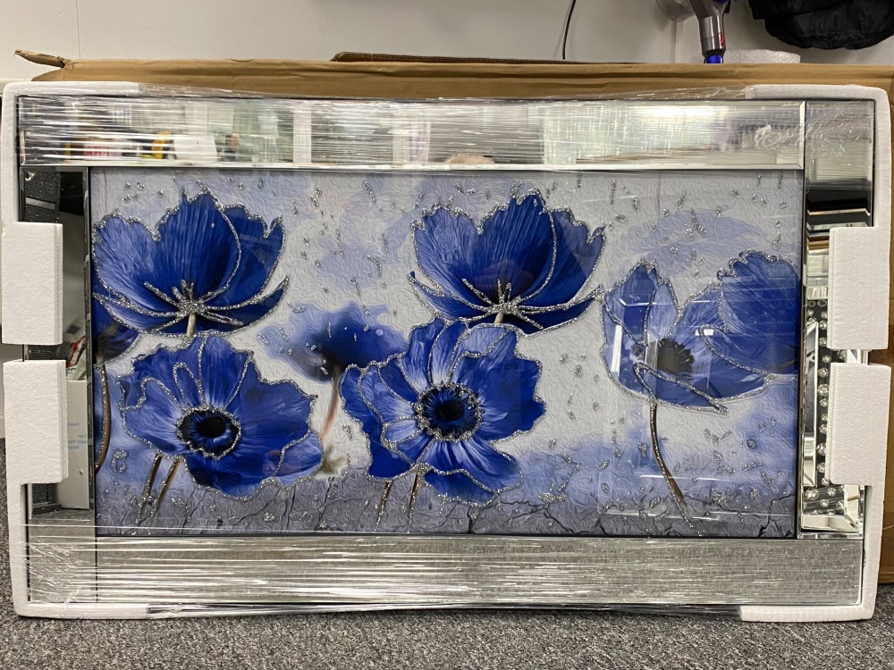 Mirror framed art print " Blue Poppies" 100cm x 60cm