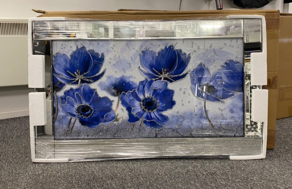 Mirror framed art print " Blue Poppies" 100cm x 60cm