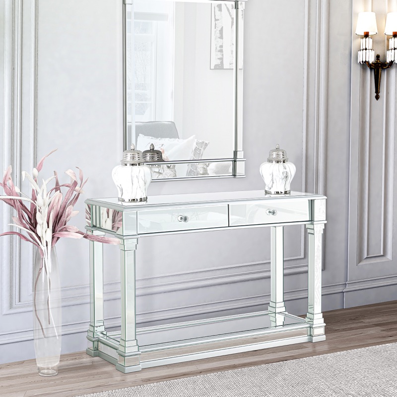 Athena 2 Draw Silver Mirrored Console Table
