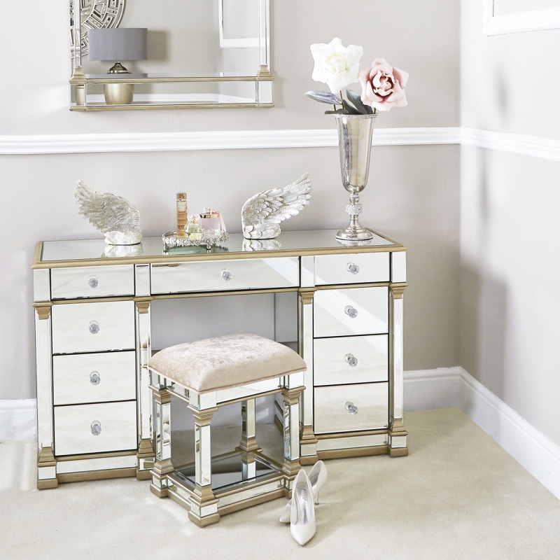 Athena 9 Draw Gold  & Silver Mirrored Desk / Dressing Table