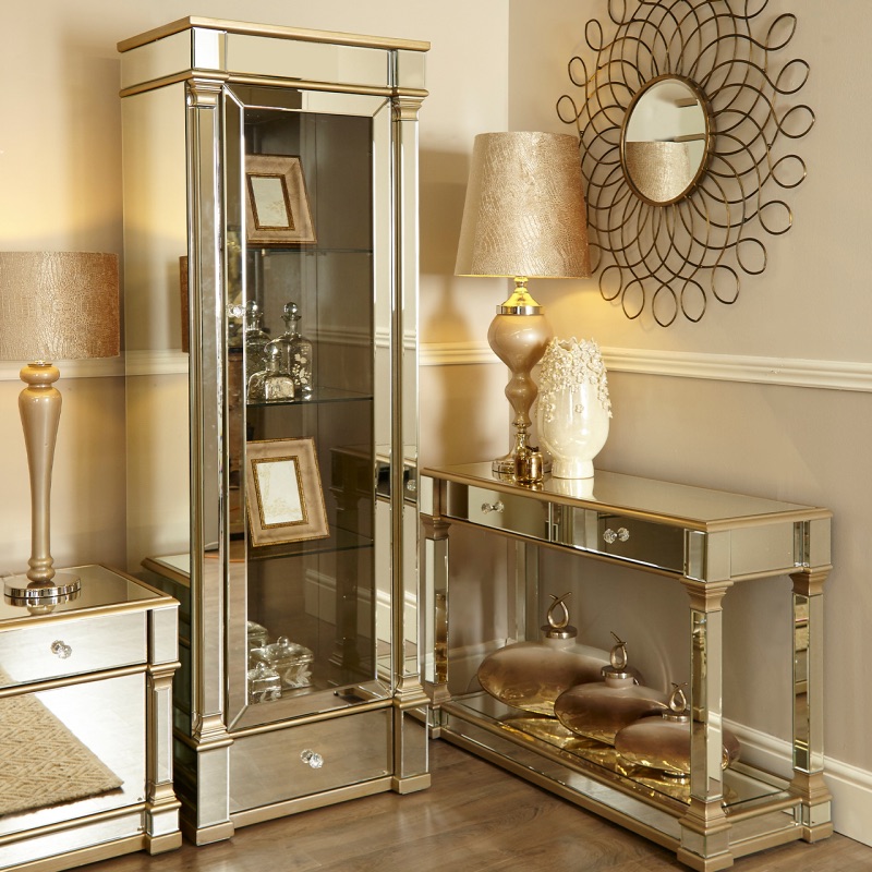 Athena Champagne Mirrored 1 Drawer 4 Shelf Display Cabinet