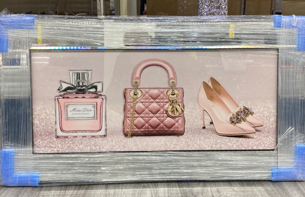 "Miss Dior Perfume  Sparkle Handbag & Shoes  trilogy in a mirror  frame 85cm x 45cm