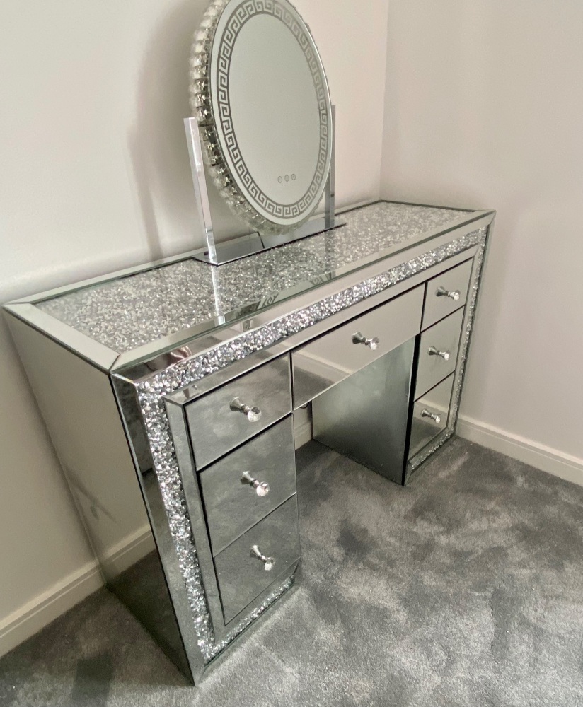 * Monica Diamond Crush Mirrored 7 Draw Dressing Table with a Diamond crush Top - Stool & Tri fold Mirror