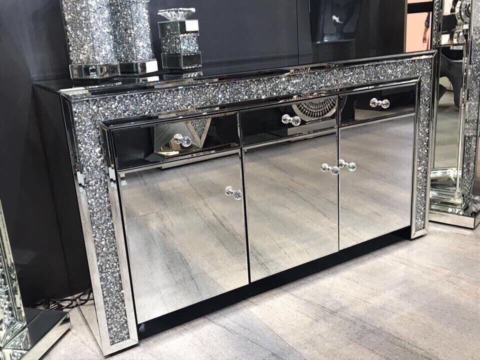 *Diamond Crush Sparkle Crystal Mirrored 3 draw 3 Door Sideboard with crystal handles  in stock last one