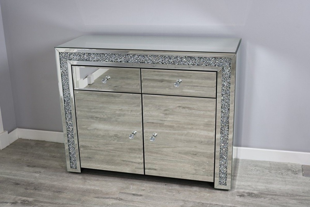 * New Diamond Crush Sparkle Crystal Mirrored 2 draw 2 Door Sideboard with c