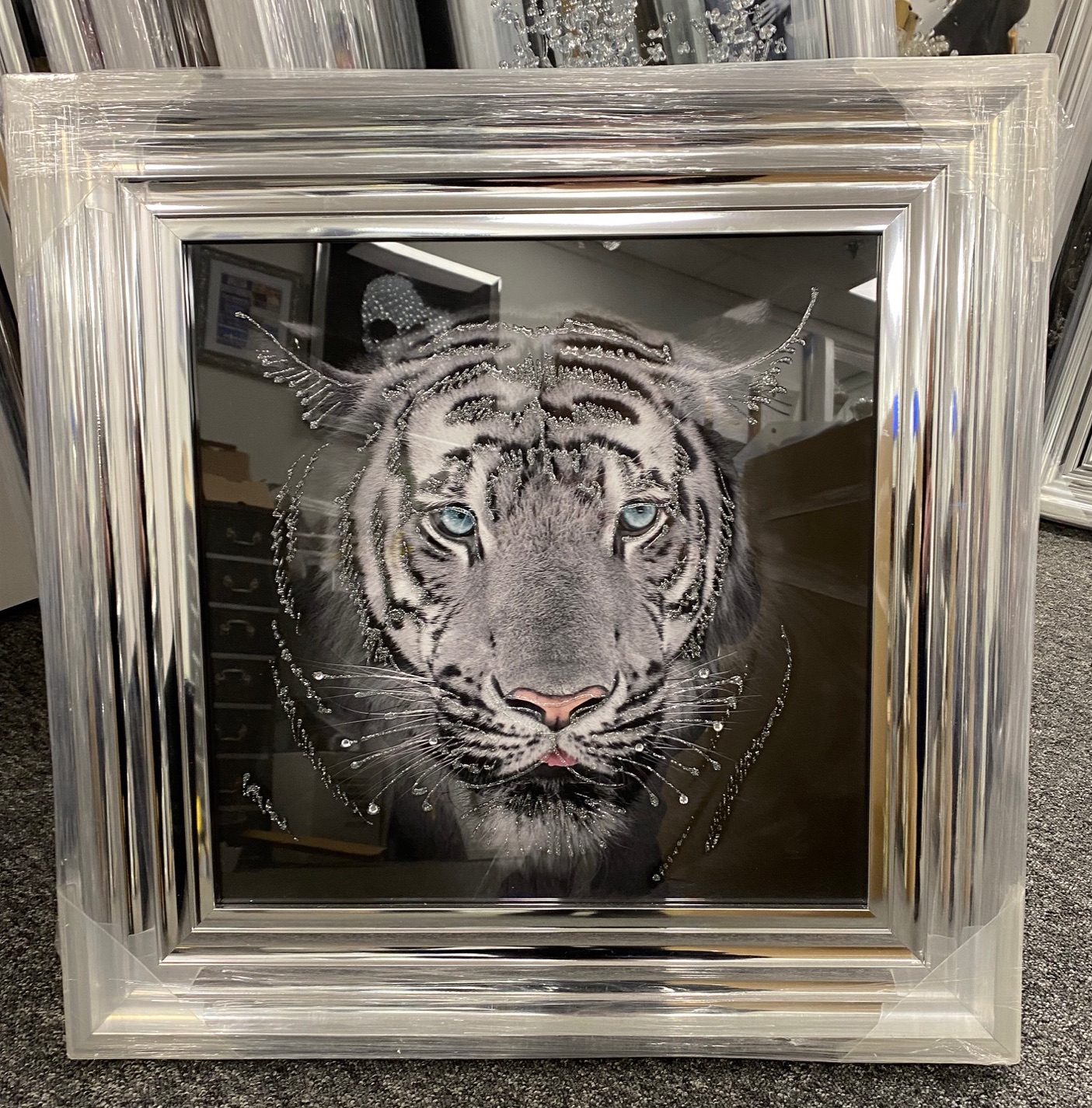 Mirror framed "Tiger Pose" Wall Art in a chrome stepped frame 55cm x 55cm